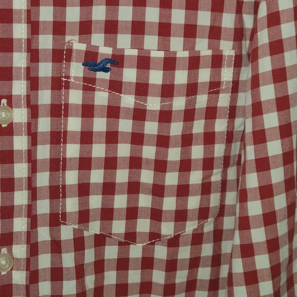 Hollister Mens XL Red White Gingham Button Down Long Sleeve Shirt Seagull Logo - Picture 6 of 7